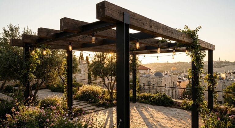 פרגולה מעוצבת ויוקרתית בגינה, המדגימה את הגורמים המשפיעים על המחיר.