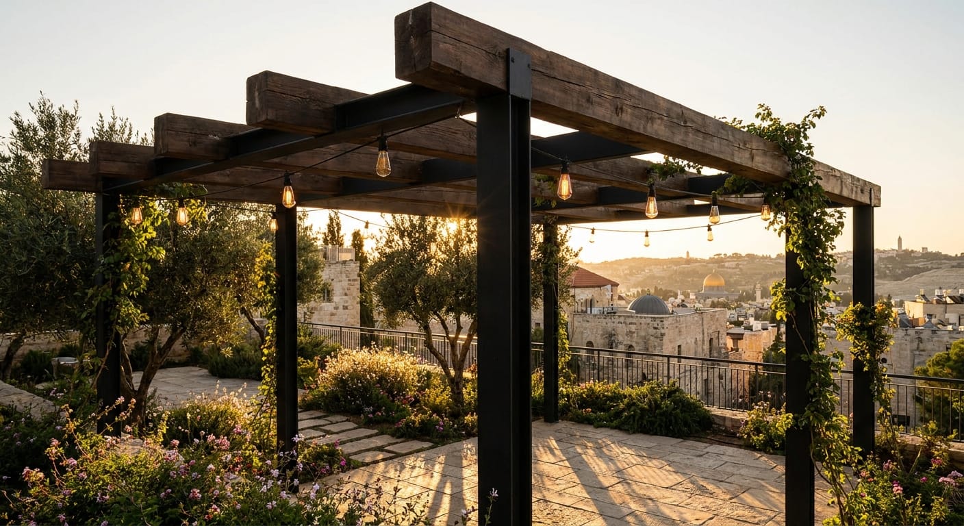 פרגולה מעוצבת ויוקרתית בגינה, המדגימה את הגורמים המשפיעים על המחיר.